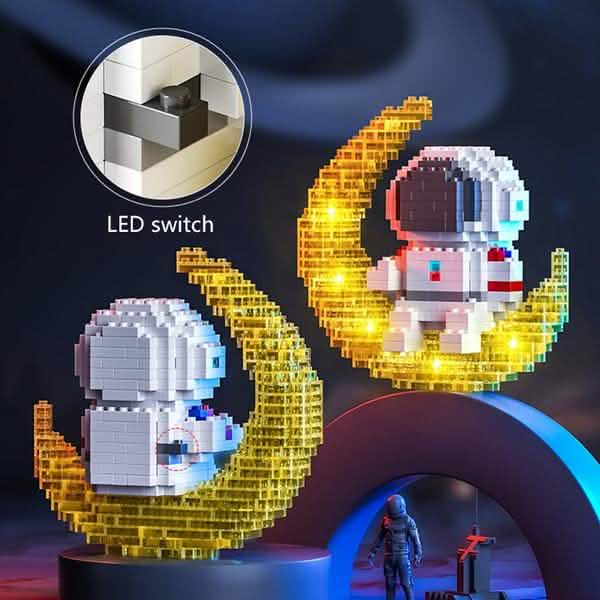 Astronaut on glowing moon with LED switch detail shown in a circular inset.
