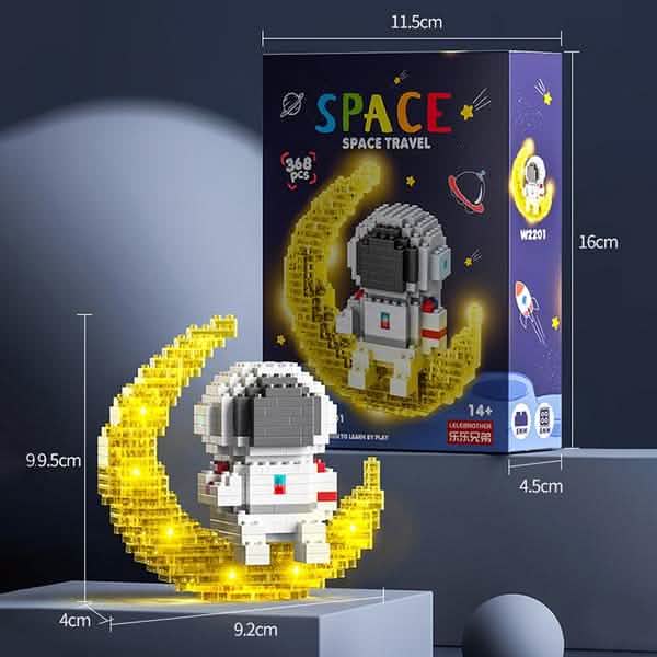 Astronaut moon model with dimension markings beside the Space Travel box.