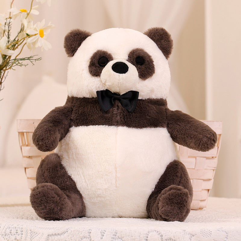 Collection of bow-tie plush animals: cat, dog, puppy, pig, and panda