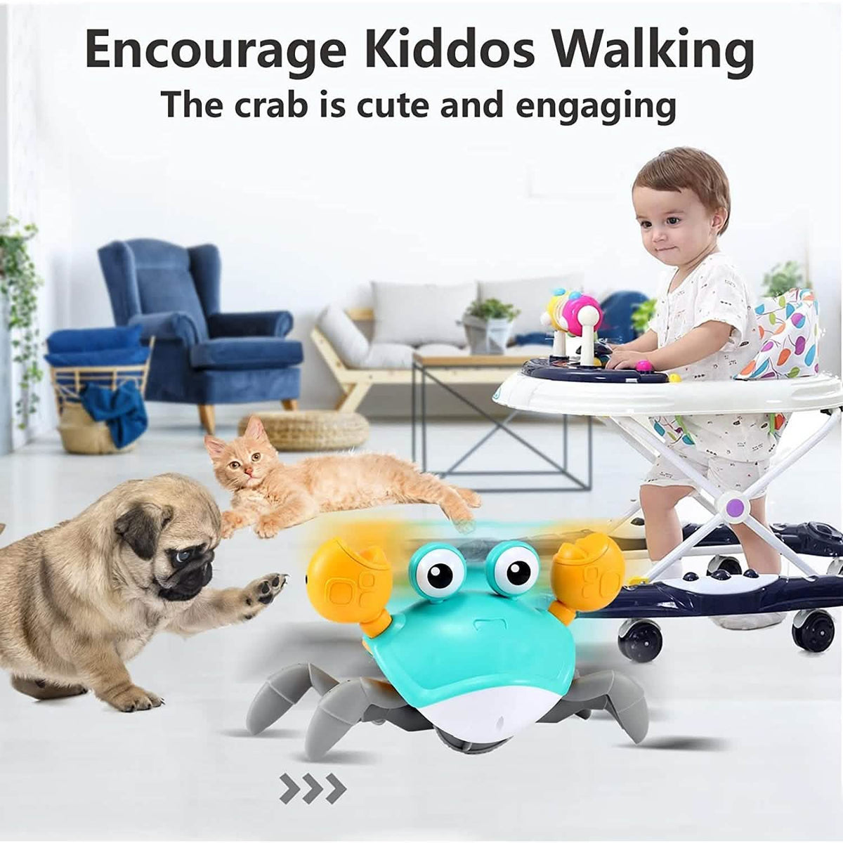 Side view of the interactive crawling crab baby toy