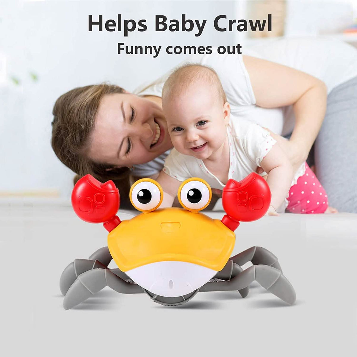 The interactive crawling crab baby toy and its details up close