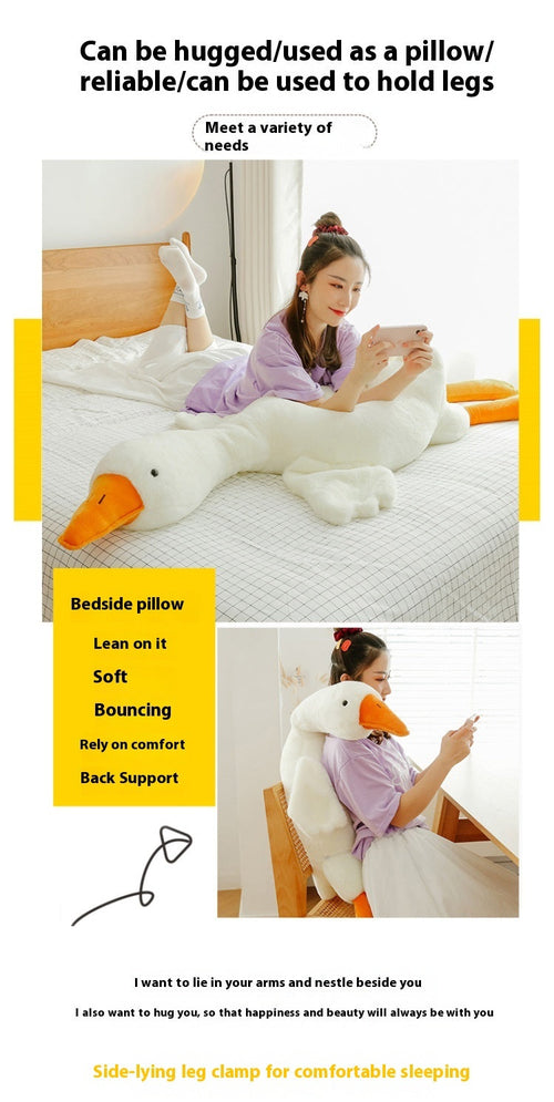Goose plush pictured in several hugging and lounging poses