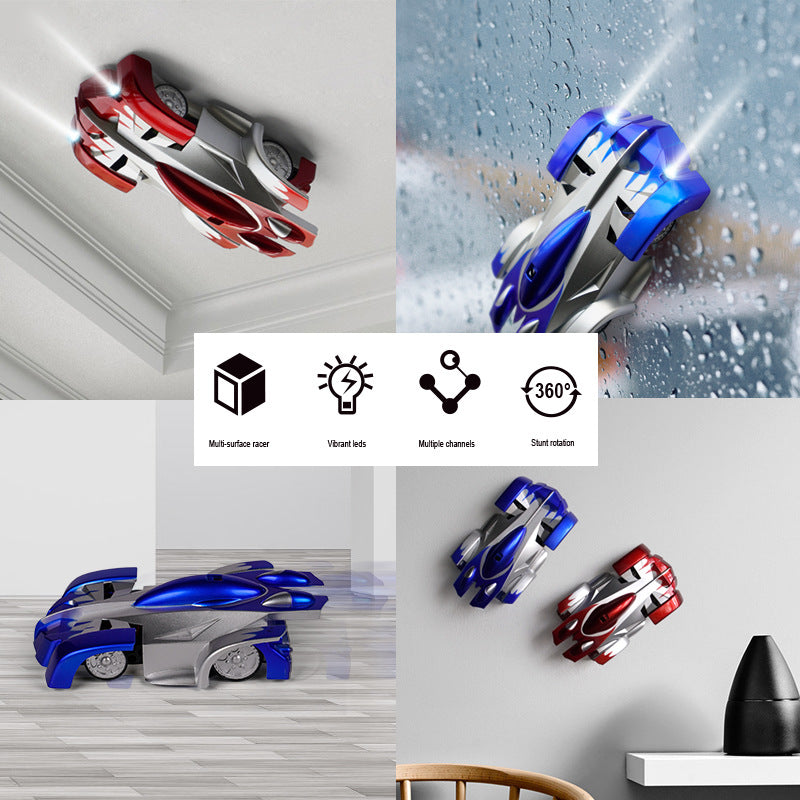 Close-up view of the wall climbing remote control stunt car