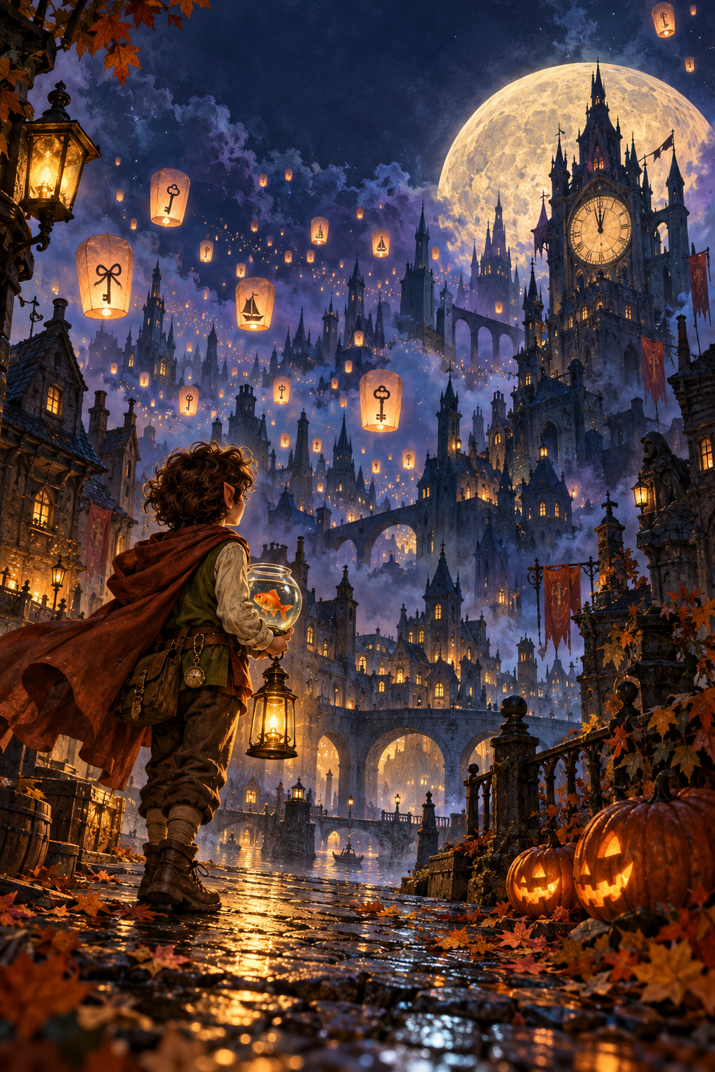 Cover of The Lanterns of Lost Things: Pipkin carries a glowing lantern and Puddle’s fishbowl into a moonlit Halloween town.