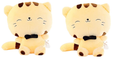 Two yellow spotted cat plush toys with small black bow ties