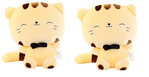 Two yellow spotted cat plush toys with small black bow ties