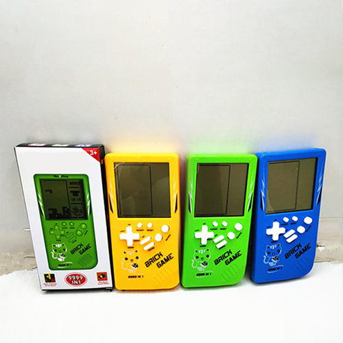 White, yellow, green and blue handheld game units side by side