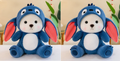 Two pale bear plush toys in blue big-eared character hoods