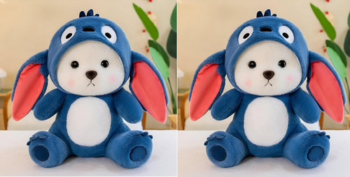 Two pale bear plush toys in blue big-eared character hoods