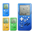 Blue handheld brick game with yellow and green color examples