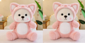 Two pale bear plush toys wearing pink hoods and bow ties