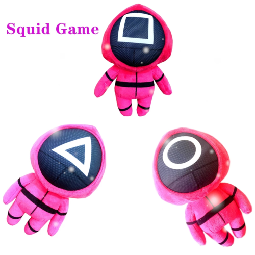 Pink masked plush design options with geometric face symbols