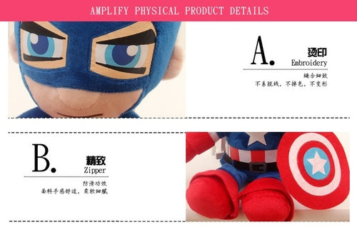 Close-ups of superhero plush masks and costume stitching