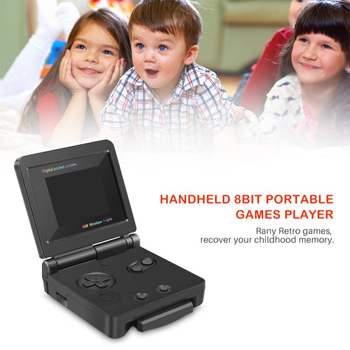 Open black handheld console with children pictured above