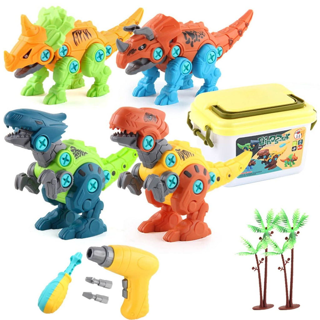 Four assembled take-apart dinosaurs with drills, screws, and storage box.