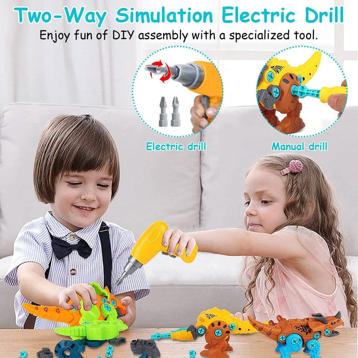 Children using the electric and manual drills to build a take-apart dinosaur.