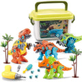 Four colorful take-apart dinosaurs with electric drill, screwdriver, and storage box.