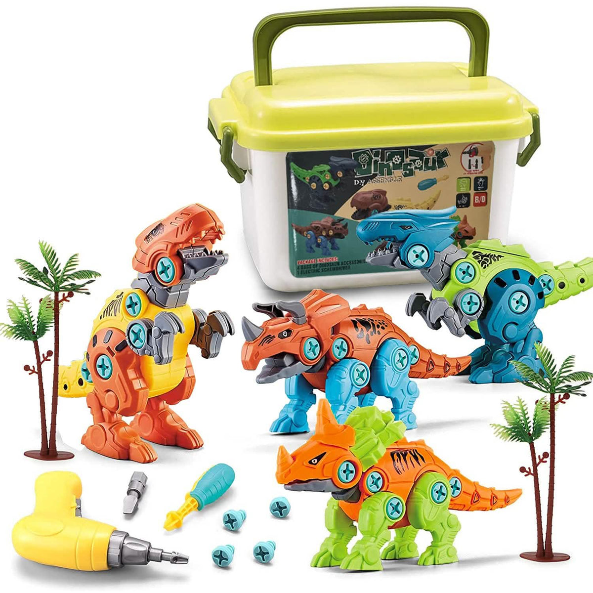 Four colorful take-apart dinosaurs with electric drill, screwdriver, and storage box.