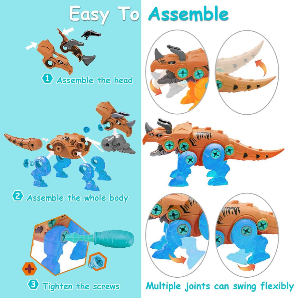 Assembly guide showing the head, body, and screw steps for a dinosaur.