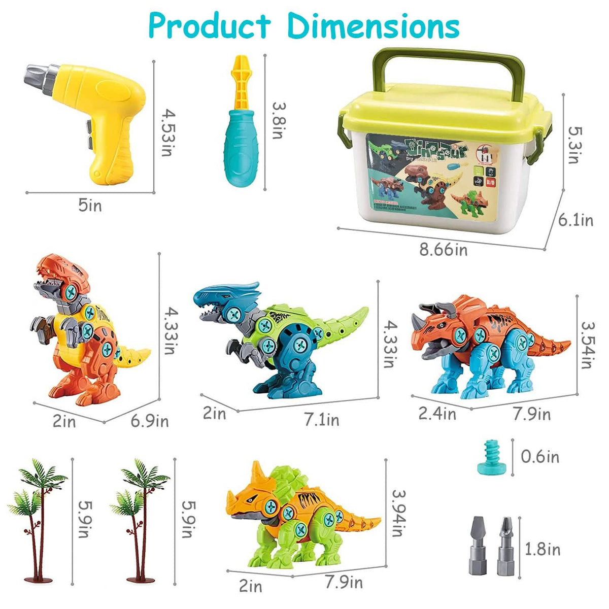 Dimension chart for the dinosaurs, drills, screws, bits, and storage box.