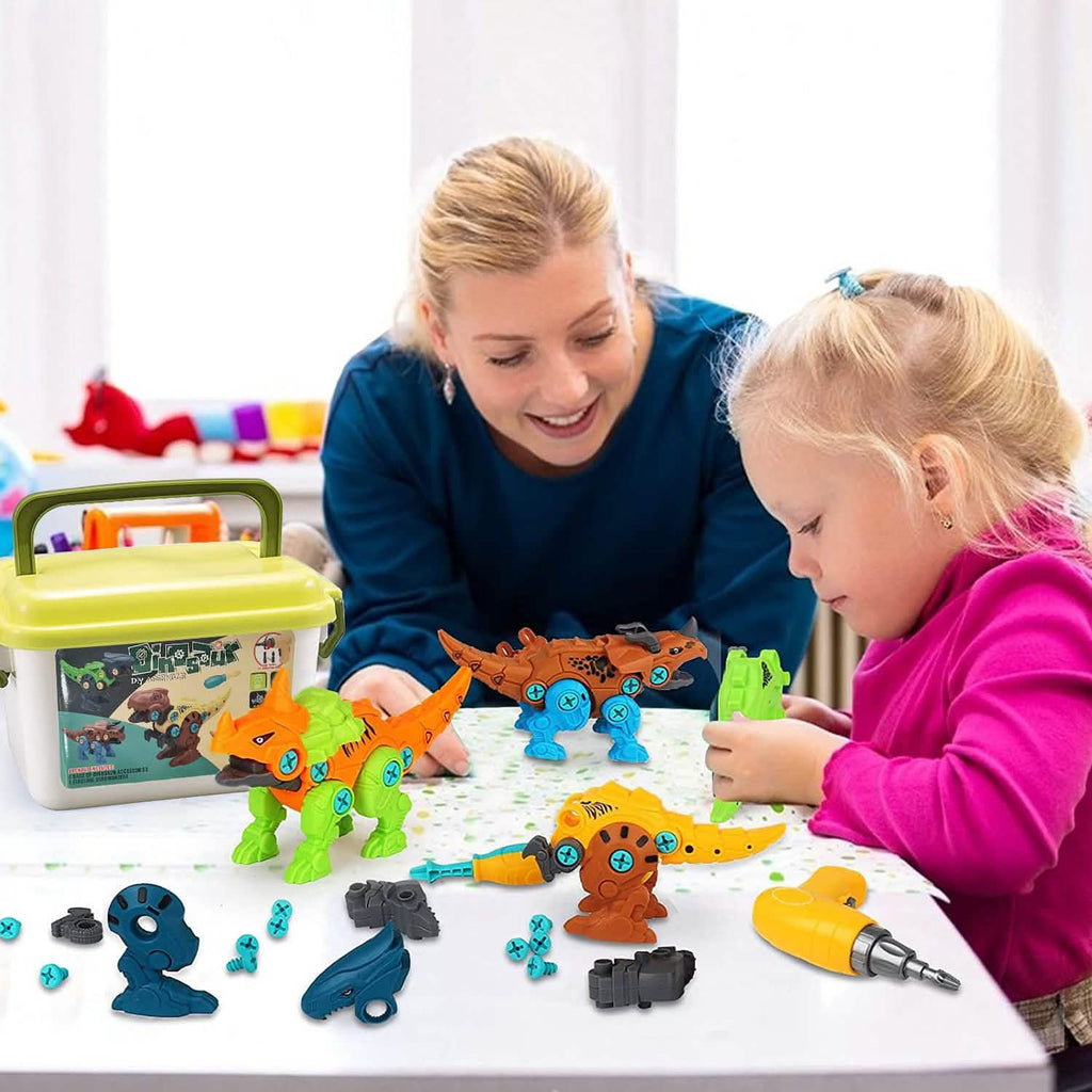 Mother and daughter building take-apart dinosaurs together at a table.