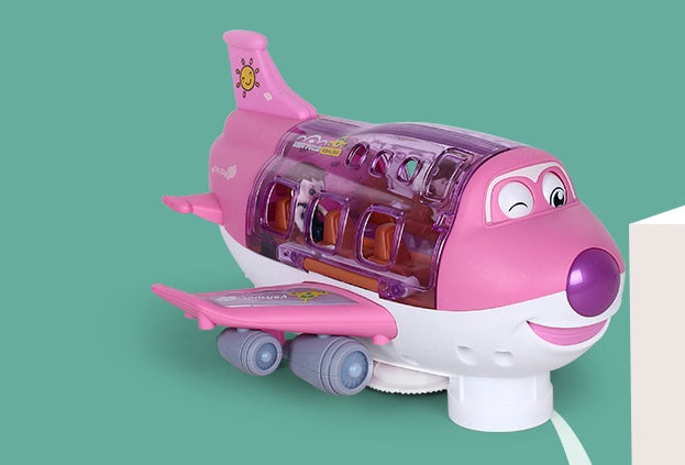 Pink bump-and-go toy airplane moving across the floor with LED lights on