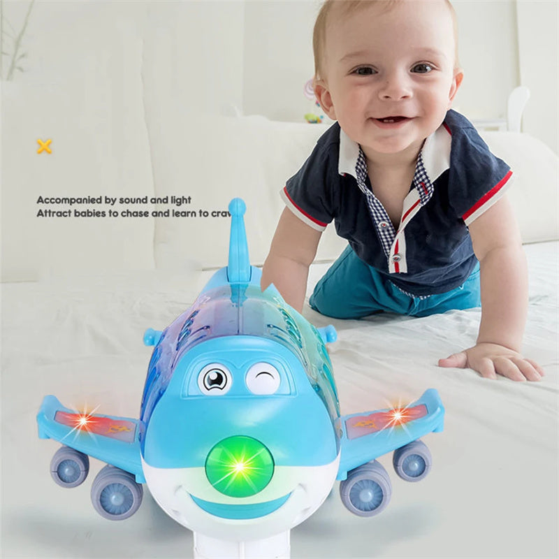 Close-up of the smiling face and rolling eyes of the bump-and-go toy airplane