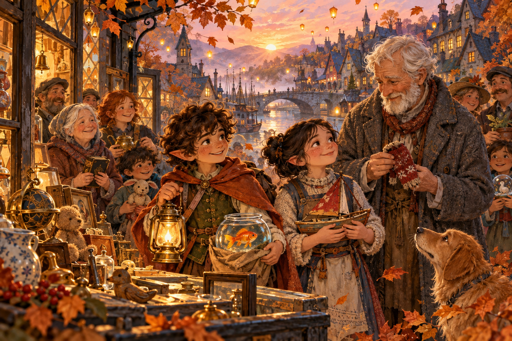 Pipkin, Puddle, Ada, and the Keeper welcome a lost toy boat home at dawn.