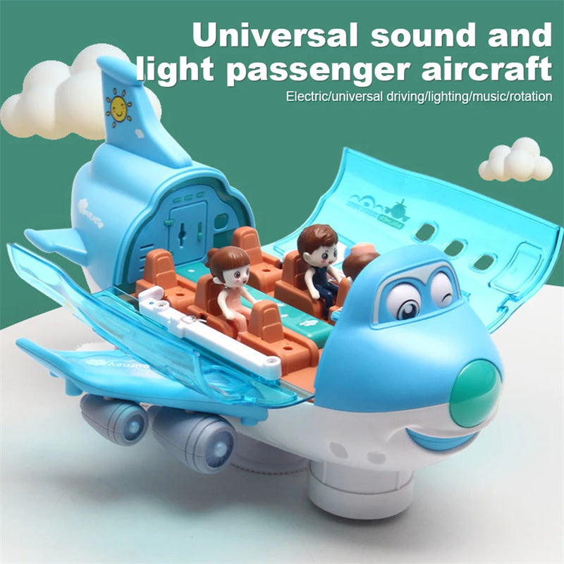 Blue cartoon bump-and-go toy airplane with its shell open, showing passenger seats
