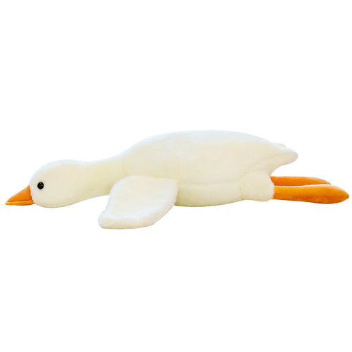 White goose plush lying flat with orange feet extended