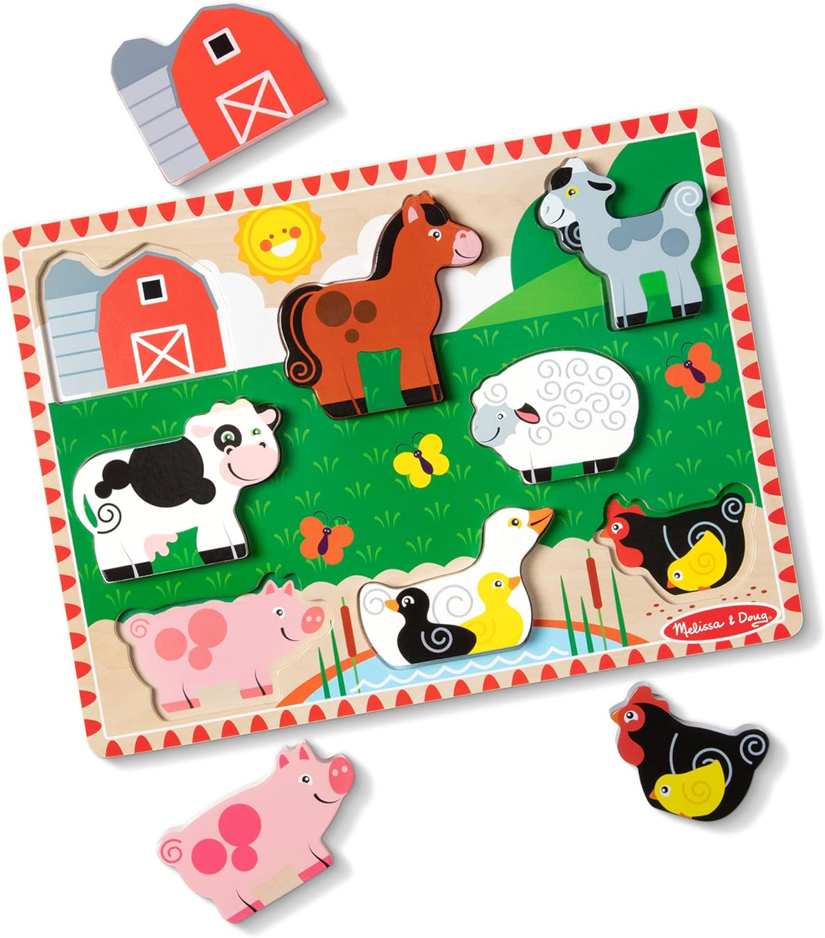 African Watering Hole Wooden Peg Puzzle with 8 Animal Pieces - product photo