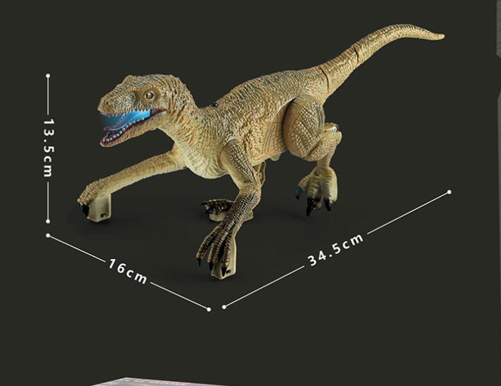 Tan remote-control raptor dinosaur with an open jaw showing teeth