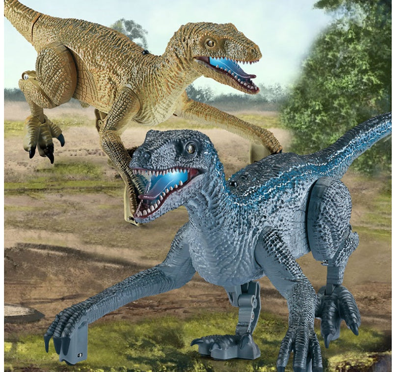 Two realistic remote-control raptor dinosaur toys with open jaws in a prehistoric scene