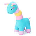 Turquoise giraffe plush with pink and yellow neck stripes