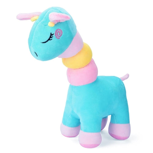Turquoise giraffe plush with pink and yellow neck stripes