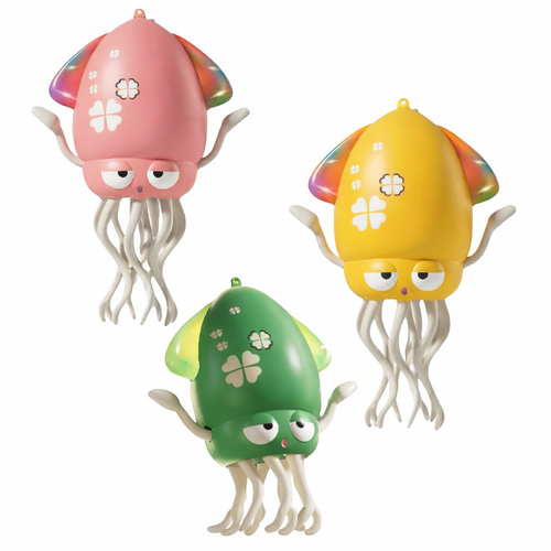 Pink, yellow and green jellyfish toys with dangling tentacles