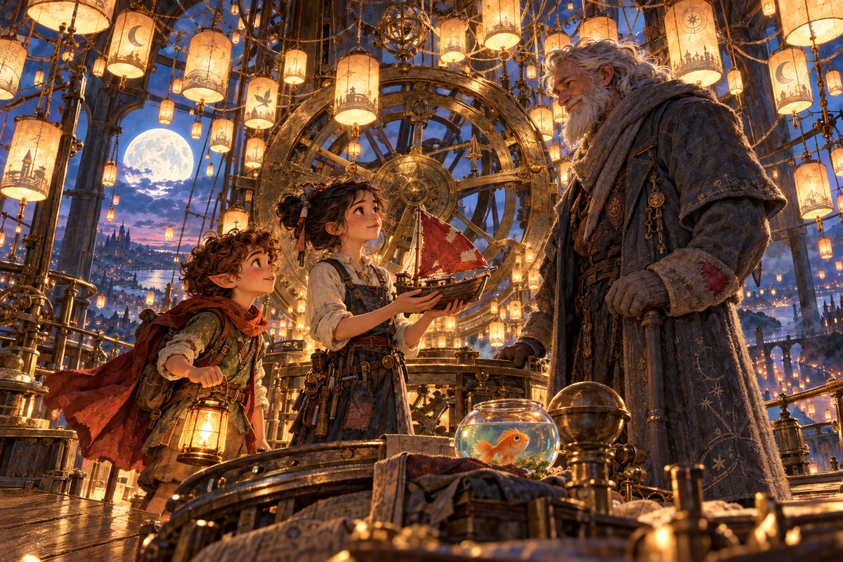 Pipkin, Ada, and the Keeper meet among the tower’s glowing clockwork.
