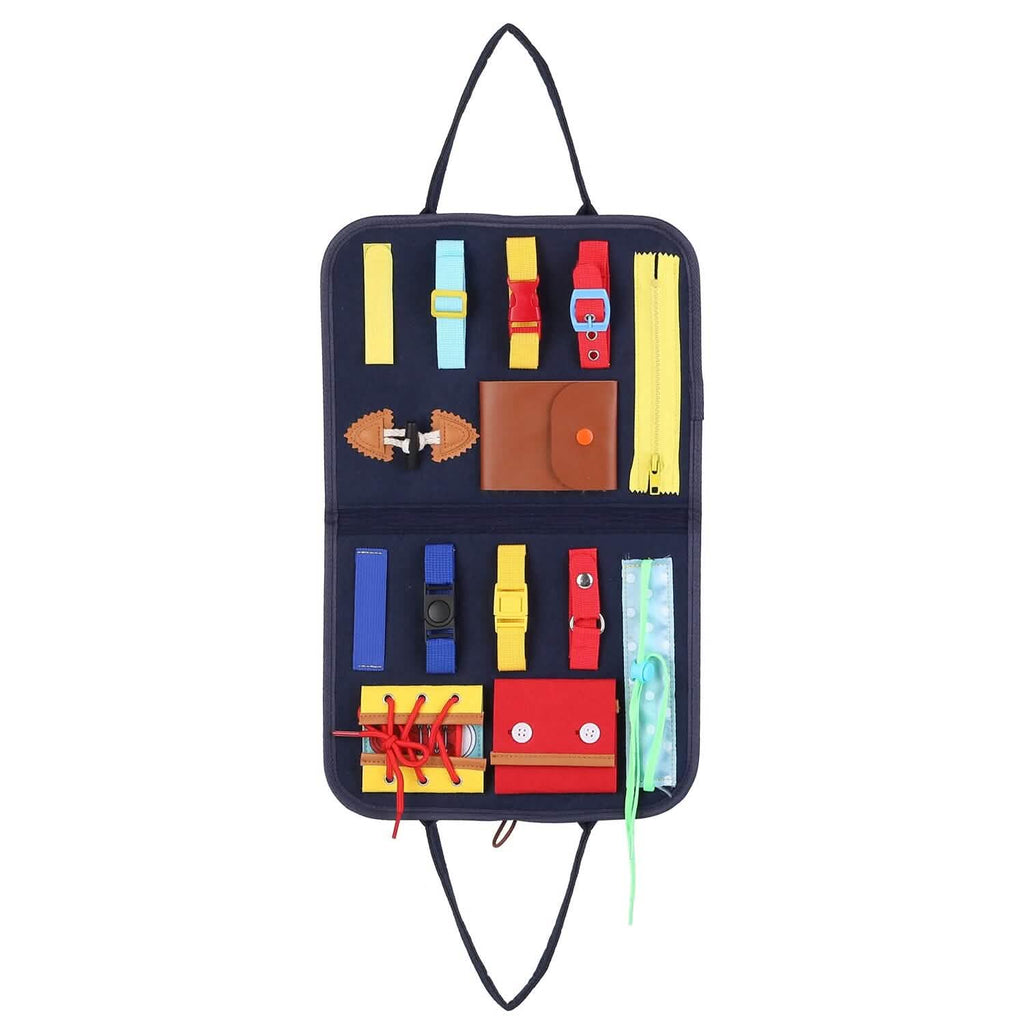 Close-up view of the felt busy board sensory activity toy