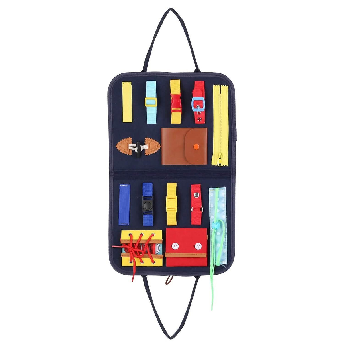Close-up view of the felt busy board sensory activity toy
