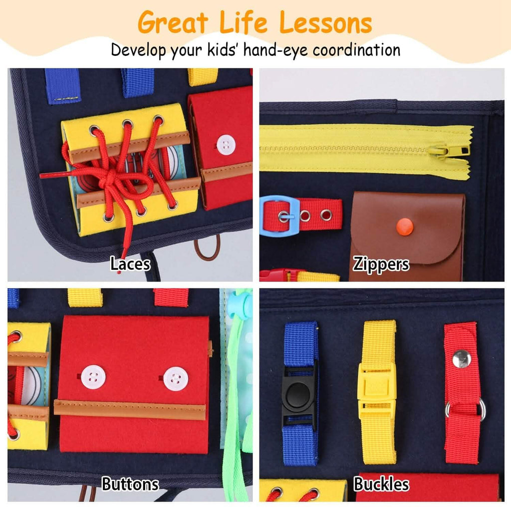 The felt busy board sensory activity toy and its details up close