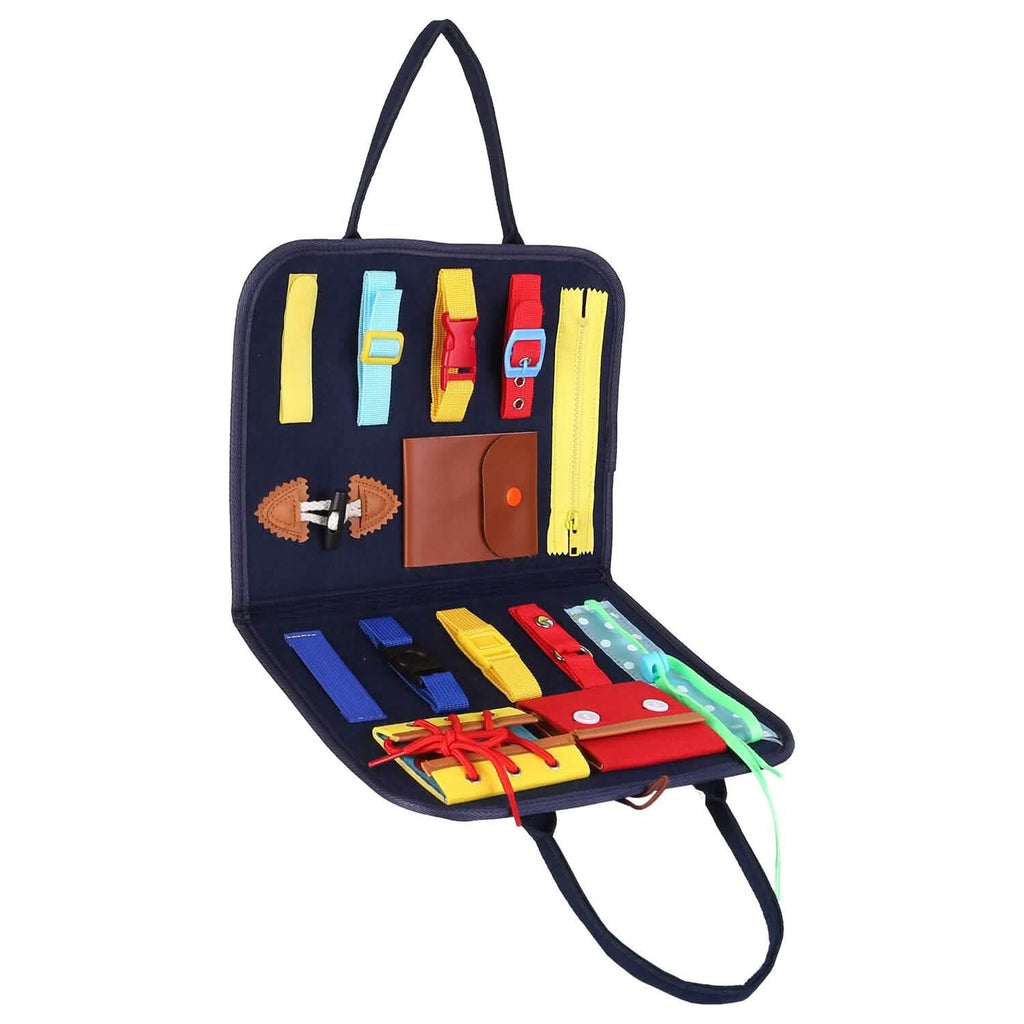 The felt busy board sensory activity toy shown in detail