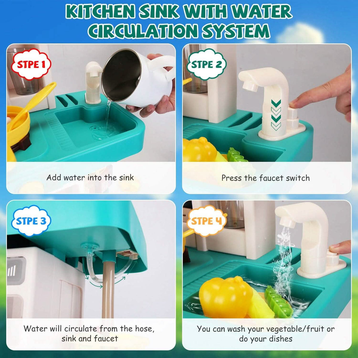 The kids pretend play kitchen set with accessories in playful arrangement