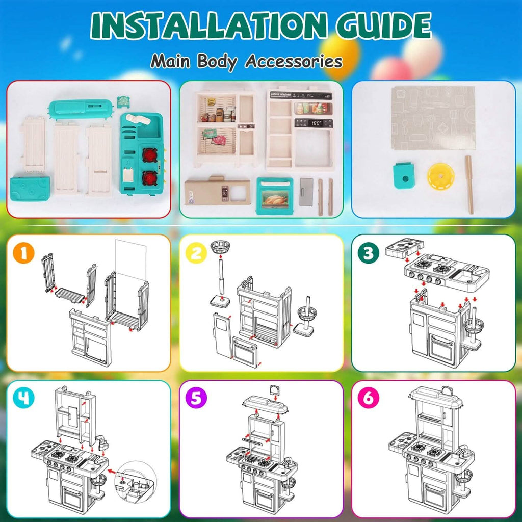 Detailed look at the kids pretend play kitchen set with accessories