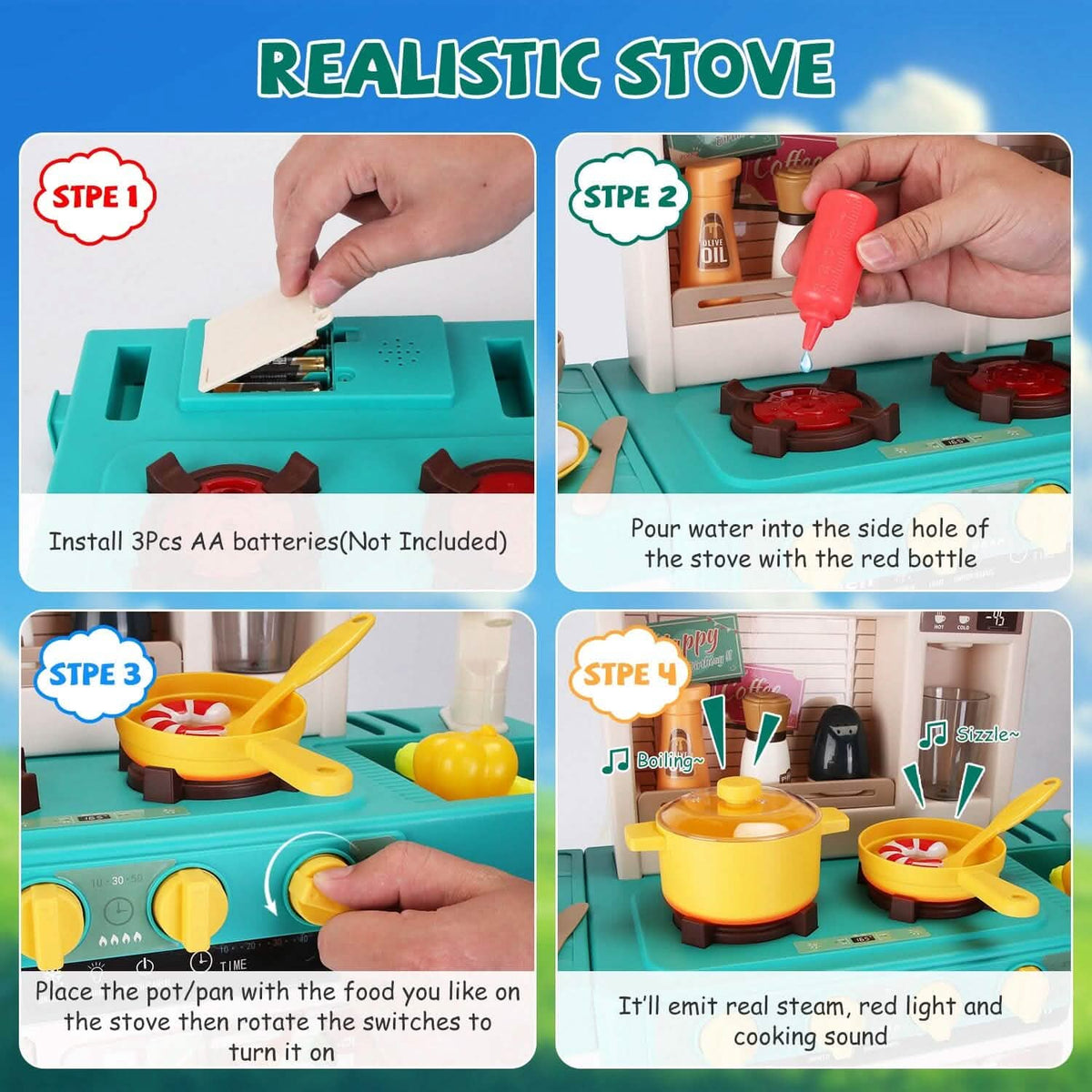 The kids pretend play kitchen set with accessories and its details up close