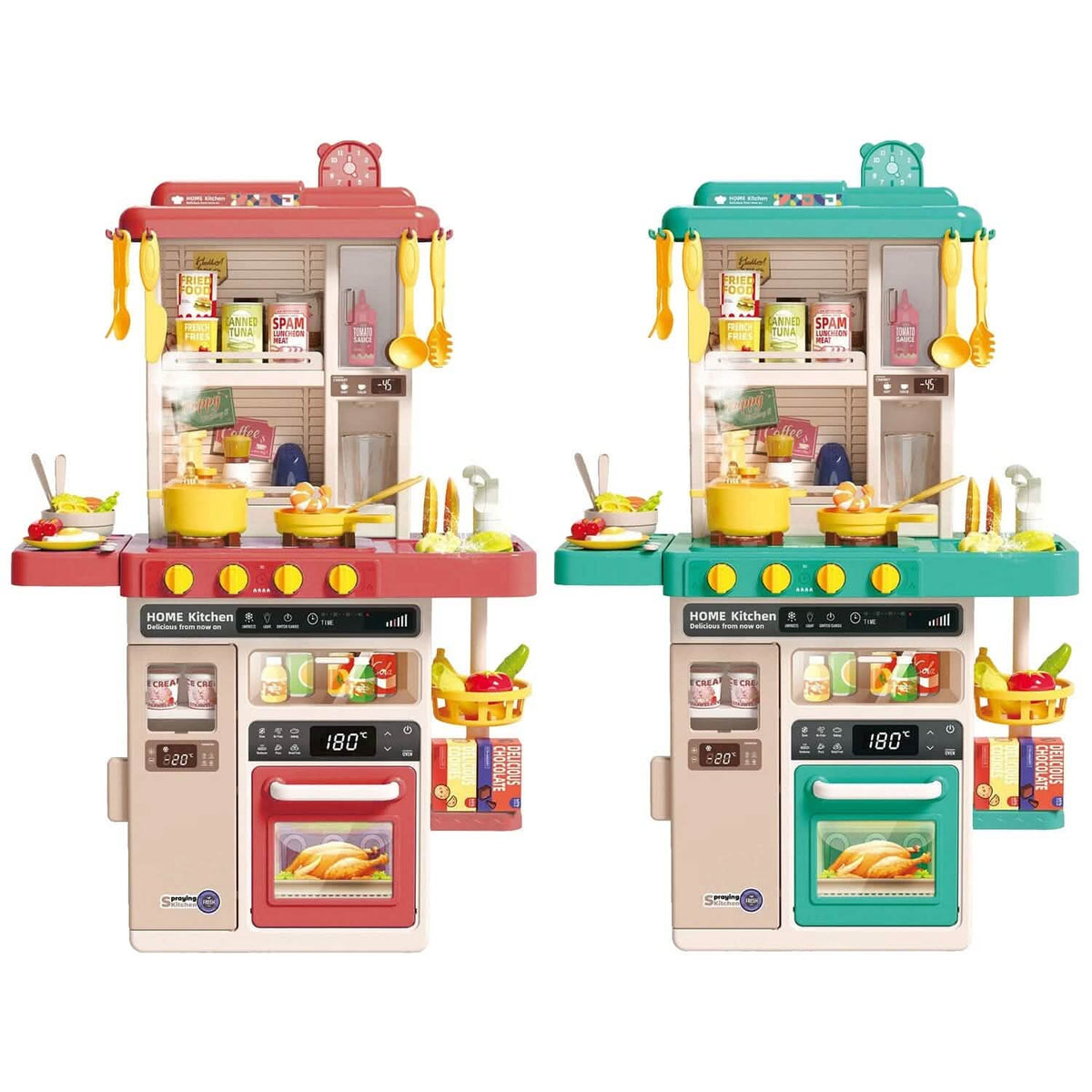 kids pretend play kitchen set with accessories arranged for display