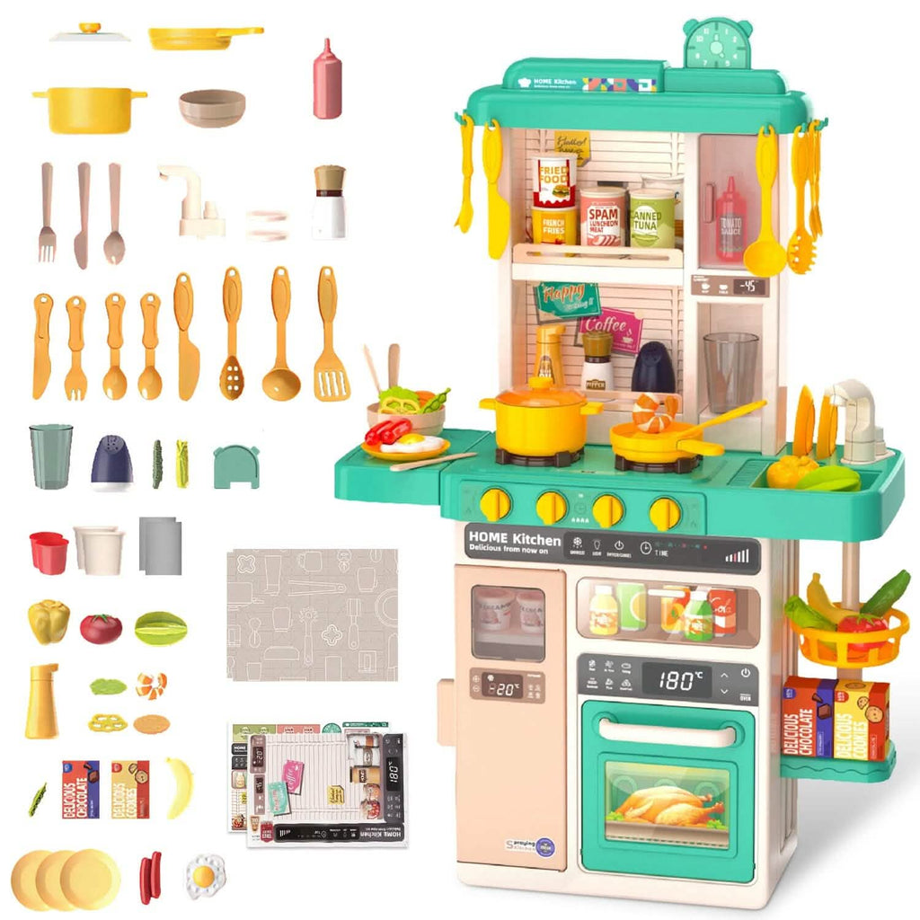 Side view of the kids pretend play kitchen set with accessories