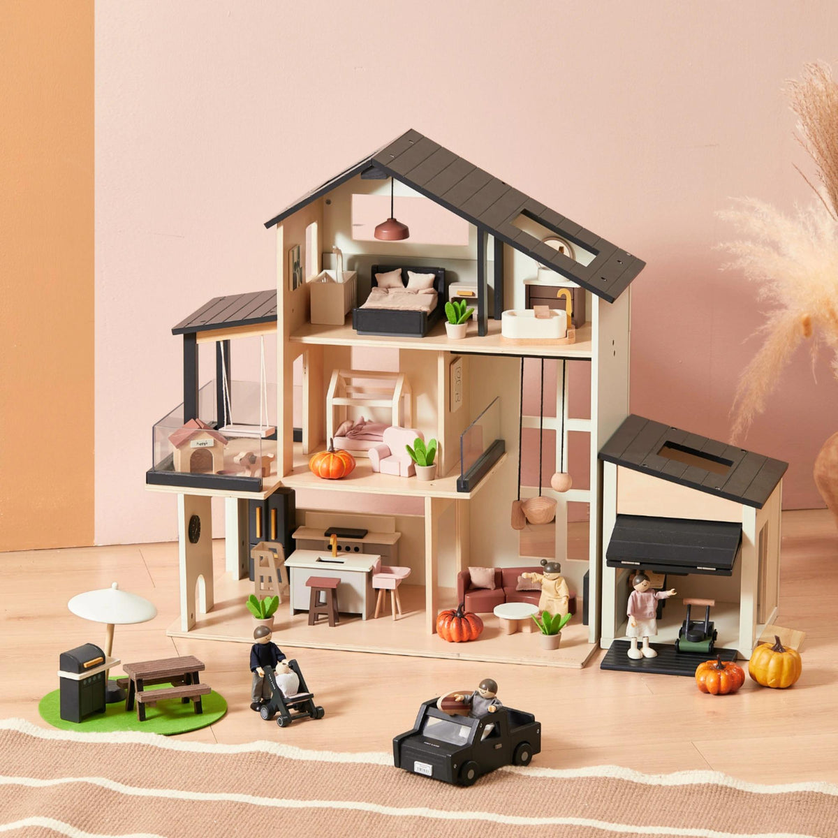 Tiny Land Black Dollhouse, Garage & Dolls Gift Set — product image 1 of 11