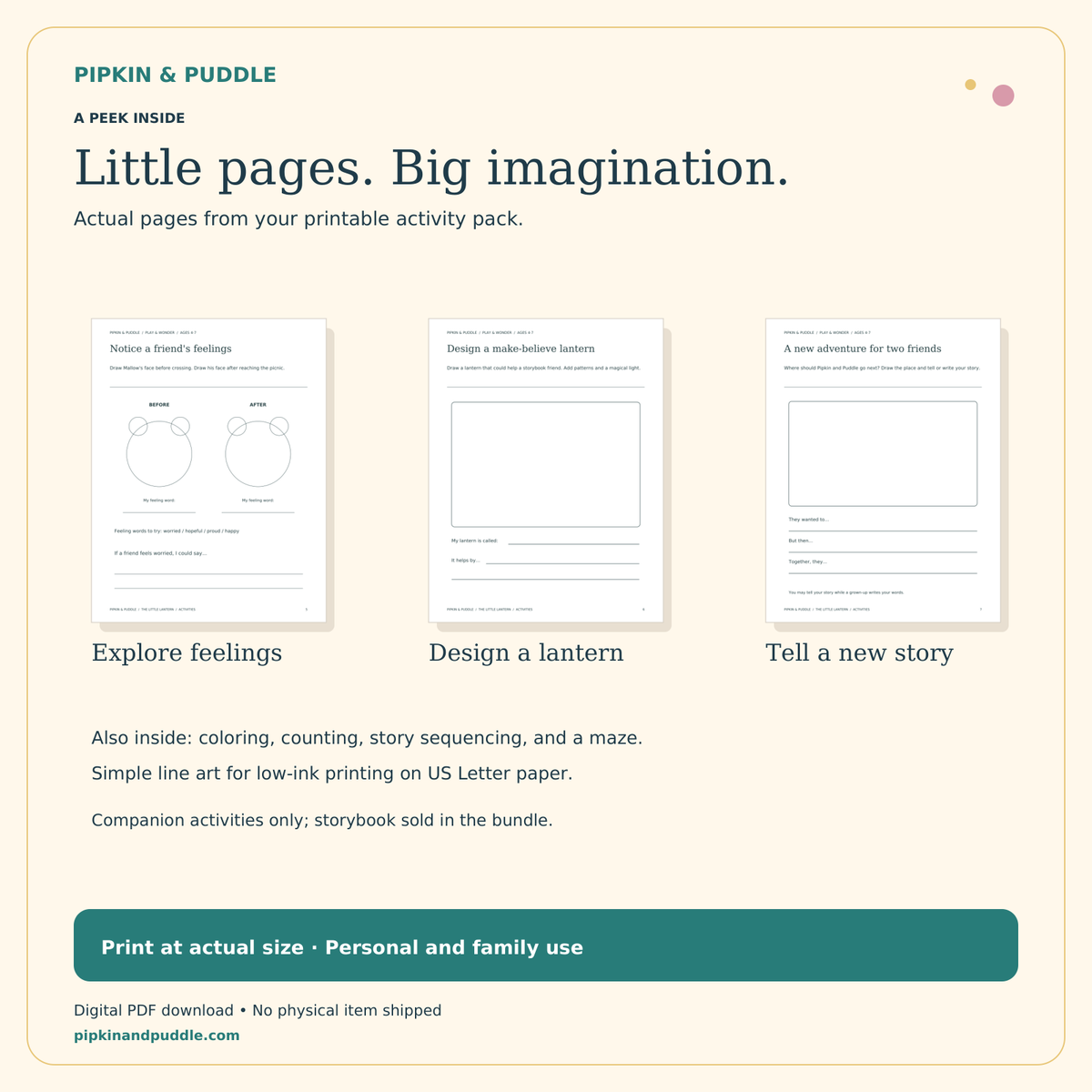 Little Lantern activity pack details showing feelings drawing, lantern design and a create-your-own-adventure worksheet.