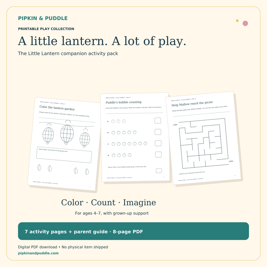 The Little Lantern printable activity pack with previews of lantern coloring, bubble counting and a woodland maze.