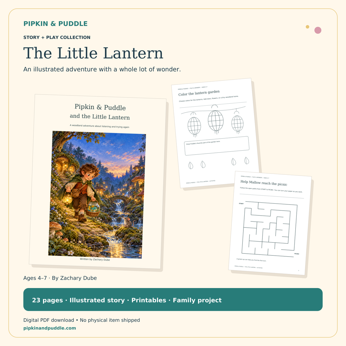 Pipkin & Puddle Little Lantern digital story and activity bundle, showing the illustrated book cover, lantern coloring page and maze.